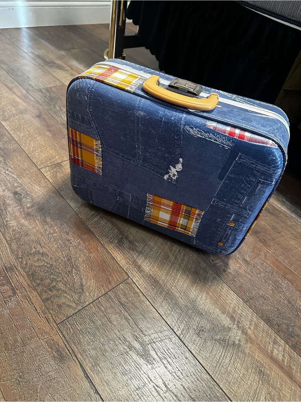 Very Vintage Blue Plaid/Denim Accent Suitcase